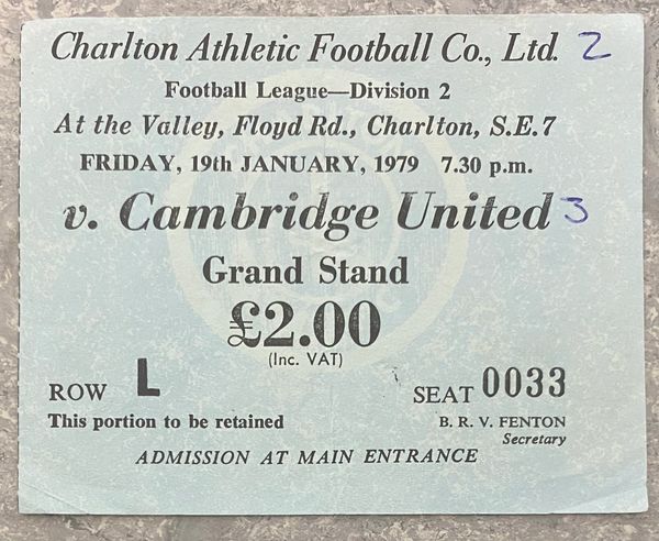 1976/77 ORIGINAL DIVISION TWO TICKET CHARLTON ATHLETIC V CAMBRIDGE UNITED