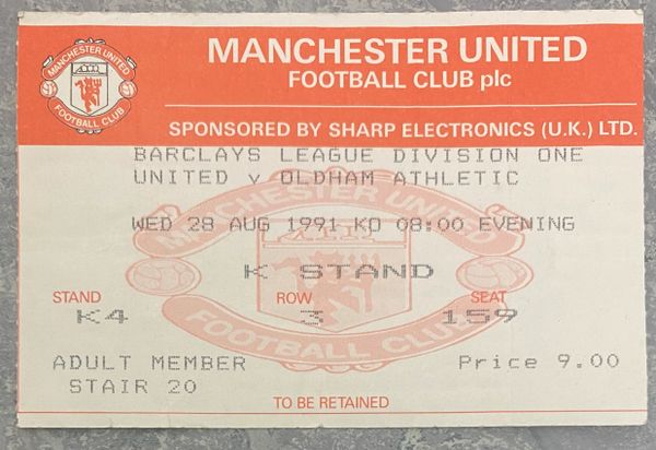 1991/92 ORIGINAL DIVISION ONE TICKET MANCHESTER UNITED V OLDHAM ATHLETIC