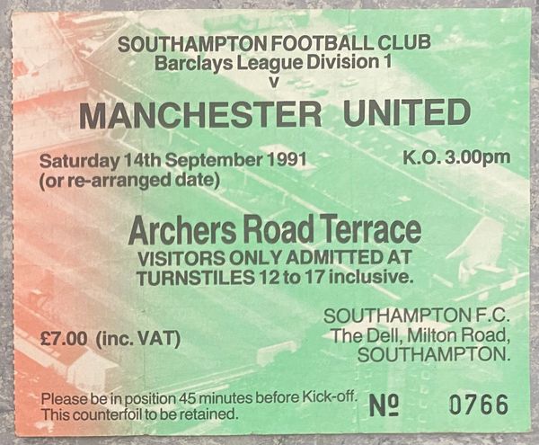 1991/92 ORIGINAL DIVISION ONE TICKET SOUTHAMPTON V MANCHESTER UNITED (VISITORS END)