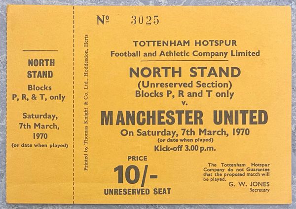 1969/70 ORIGINAL UNUSED DIVISION ONE TICKET TOTTENHAM HOTSPUR V MANCHESTER UNITED