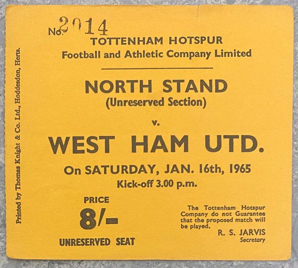 1964/65 ORIGINAL DIVISION ONE TICKET TOTTENHAM HOTSPUR V WEST HAM UNITED