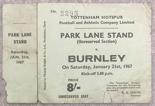 1966/67 ORIGINAL UNUSED DIVISION ONE TICKET TOTTENHAM HOTSPUR V BURNLEY