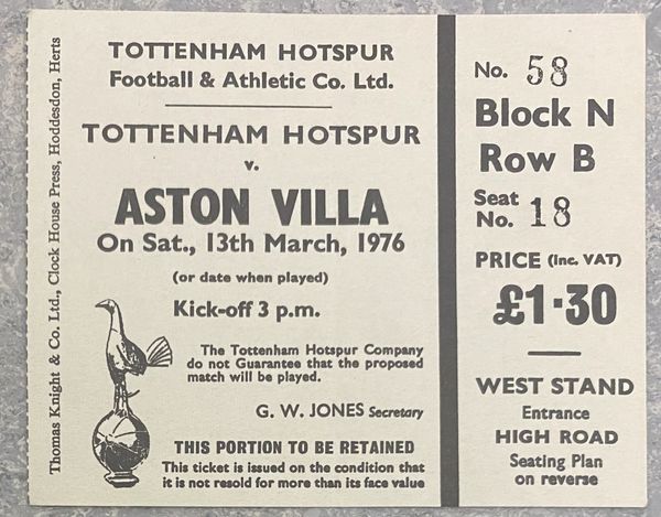 1975/76 ORIGINAL DIVISION ONE TICKET TOTTENHAM HOTSPUR V ASTON VILLA