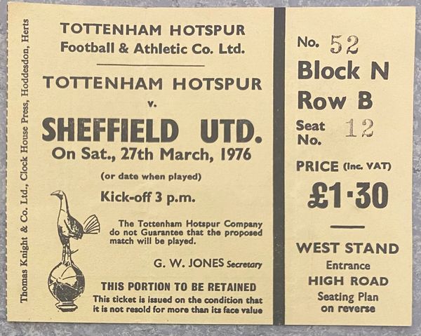 1975/76 ORIGINAL DIVISION ONE TICKET TOTTENHAM HOTSPUR V SHEFFIELD UNITED