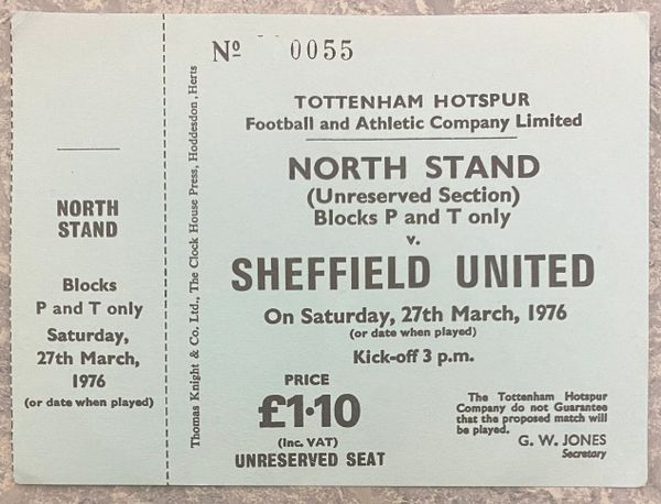 1975/76 ORIGINAL UNUSED DIVISION ONE TICKET TOTTENHAM HOTSPUR V SHEFFIELD UNITED