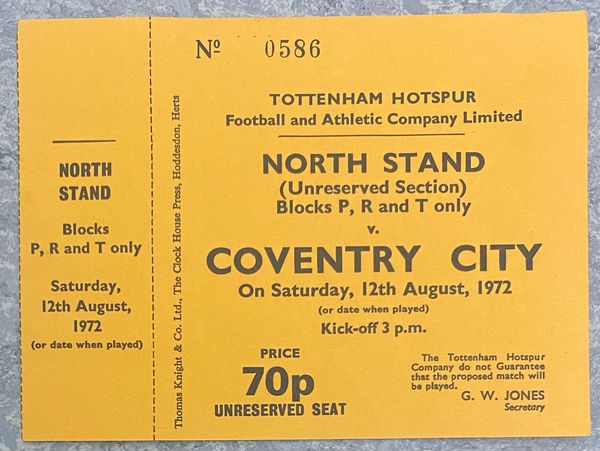 1972/73 ORIGINAL DIVISION ONE UNUSED TICKET TOTTENHAM HOTSPUR V COVENTRY CITY