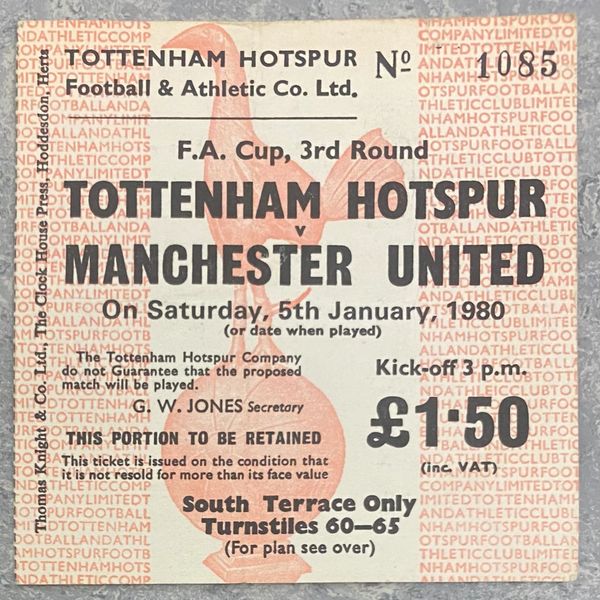 1979/80 ORIGINAL FA CUP 3RD ROUND TICKET TOTTENHAM HOTSPUR V MANCHESTER UNITED (VISITORS ALLOCATION)