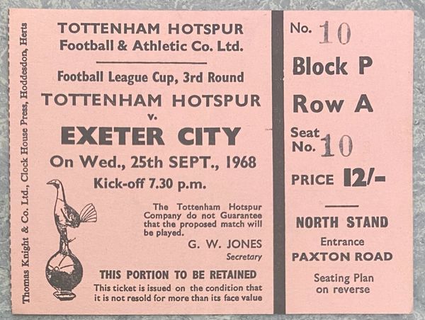 1968/69 ORIGINAL LEAGUE CUP 3RD ROUND TICKET TOTTENHAM HOTSPUR V EXETER CITY