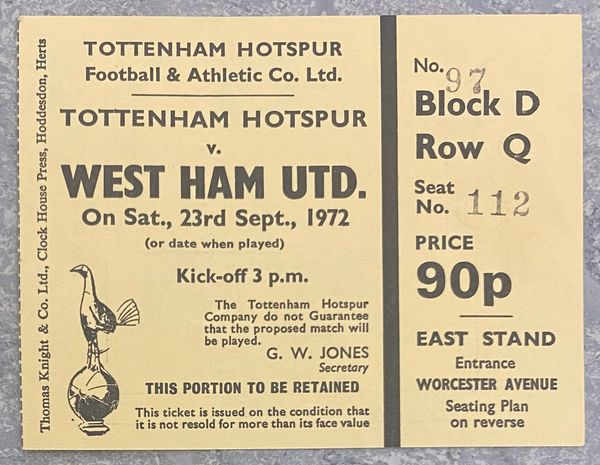 1972/73 ORIGINAL DIVISION ONE TICKET TOTTENHAM HOTSPUR V WEST HAM UNITED