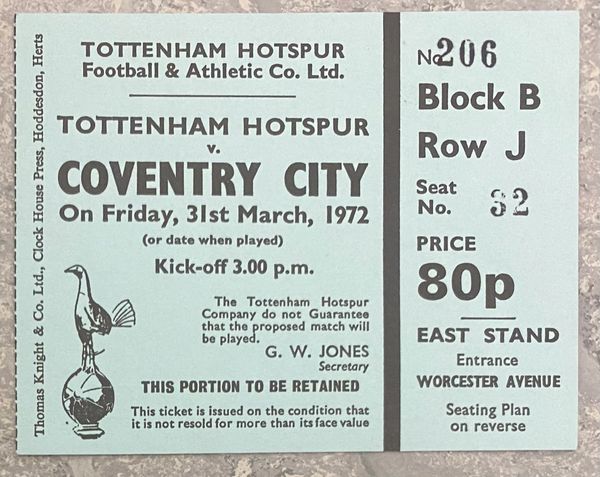 1972/73 ORIGINAL DIVISION ONE TICKET TOTTENHAM HOTSPUR V COVENTRY CITY