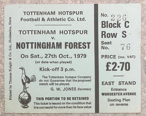 1979/80 ORIGINAL DIVISION ONE TICKET TOTTENHAM HOTSPUR V NOTTINGHAM FOREST