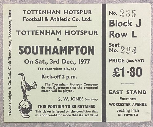 1977/78 ORIGINAL DIVISION TWO TICKET TOTTENHAM HOTSPUR V SOUTHAMPTON