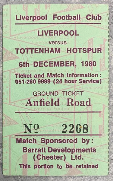 1980/81 ORIGINAL DIVISION ONE TICKET LIVERPOOL V TOTTENHAM HOTSPUR