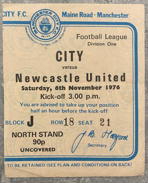 1976/77 ORIGINAL DIVISION ONE TICKET MANCHESTER CITY V NEWCASTLE UNITED