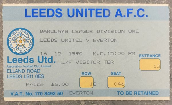 1990/91 ORIGINAL DIVISION ONE TICKET LEEDS UNITED V EVERTON (VISITORS ALLOCATION)