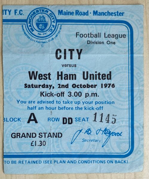 1976/77 ORIGINAL DIVISION ONE TICKET MANCHESTER CITY V WEST HAM UNITED