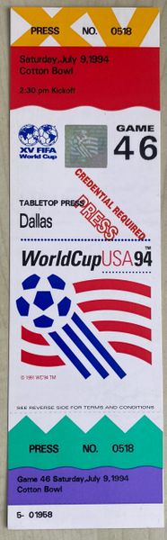 1994 ORIGINAL WORLD CUP QUARTER FINAL UNUSED TICKET BRAZIL V NETHERLANDS @ COTTON BOWL, DALLAS