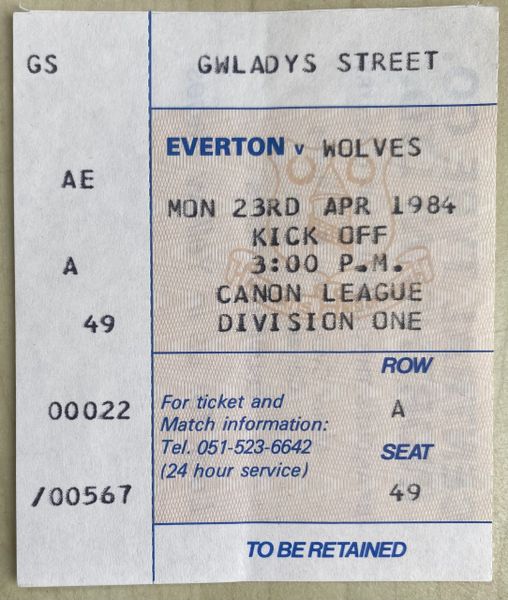 1983/84 ORIGINAL DIVISION ONE TICKET EVERTON V WOLVERHAMPTON WANDERERS