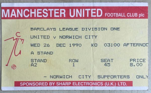 1990/91 ORIGINAL DIVISION ONE TICKET MANCHESTER UNITED V NORWICH CITY (VISITORS ALLOCATION)