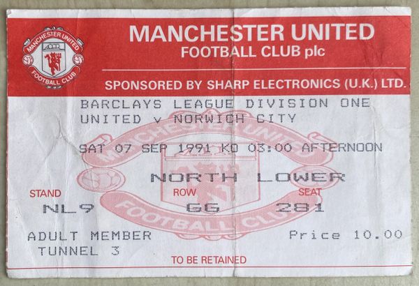 1991/92 ORIGINAL DIVISION ONE TICKET MANCHESTER UNITED V NORWICH CITY