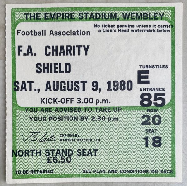 1980 ORIGINAL CHARITY SHIELD TICKET WEST HAM UNITED V LIVERPOOL