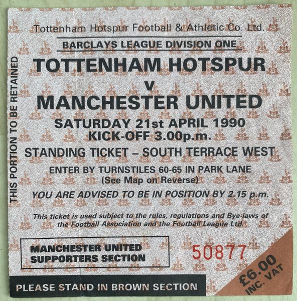 1989/90 ORIGINAL DIVISION ONE TICKET TOTTENHAM HOTSPUR V MANCHESTER UNITED (MANCHESTER UNITED ALLOCATION)