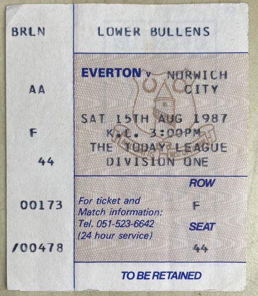 1987/88 ORIGINAL DIVISION ONE TICKET EVERTON V NORWICH CITY