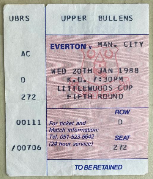 1987/88 ORIGINAL LITTLEWOODS CUP 5TH ROUND TICKET EVERTON V MANCHESTER CITY