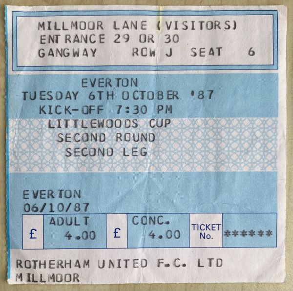 1987/88 ORIGINAL LITTLEWOODS CUP 2ND ROUND 2ND LEG TICKET ROTHERHAM UNITED V EVERTON (VISITORS END)