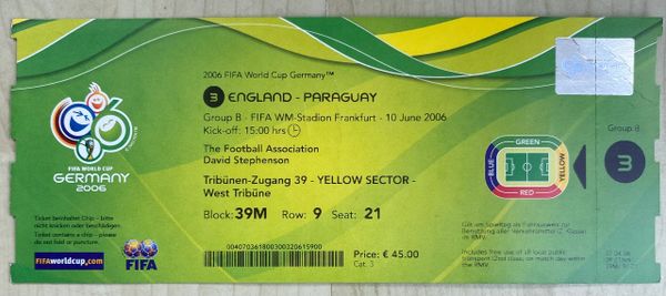 2006 UNUSED ORIGINAL WORLD CUP TICKET ENGLAND V PARAGUAY @ FRANKFURT