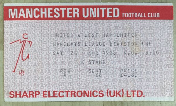 1987/88 ORIGINAL DIVISION ONE TICKET MANCHESTER UNITED V WEST HAM UNITED