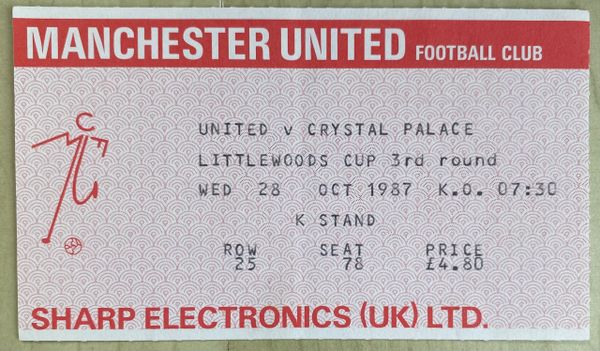 1987/88 ORIGINAL LITTLEWOODS CUP 3RD ROUND TICKET MANCHESTER UNITED V CRYSTAL PALACE