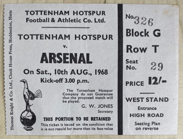 1968/69 ORIGINAL DIVISION ONE TICKET TOTTENHAM HOTSPUR V ARSENAL