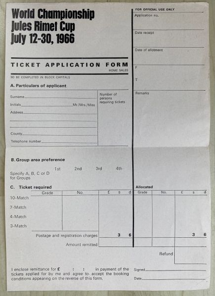 1966 ORIGINAL WORLD CUP A4 TOURNAMENT TICKET APPLICATION FORM