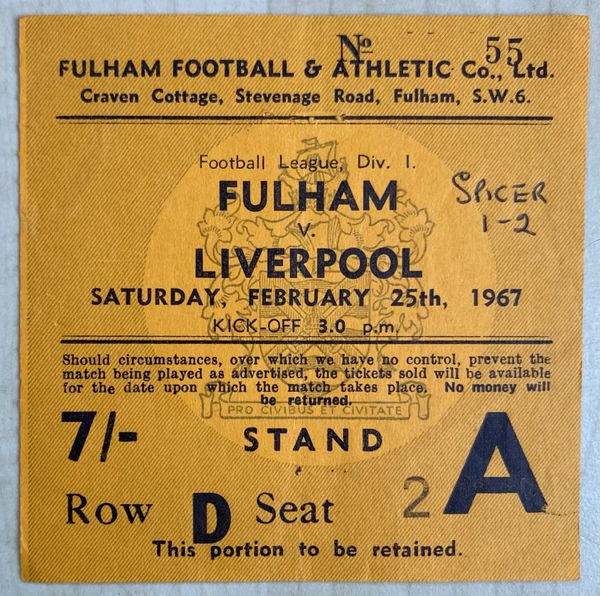 1966/67 ORIGINAL DIVISION ONE TICKET FULHAM V LIVERPOOL