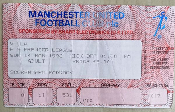 1992/93 ORIGINAL FA PREMIER LEAGUE TICKET MANCHESTER UNITED V ASTON VILLA