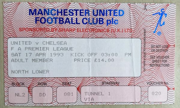 1992/93 ORIGINAL FA PREMIER LEAGUE TICKET MANCHESTER UNITED V CHELSEA