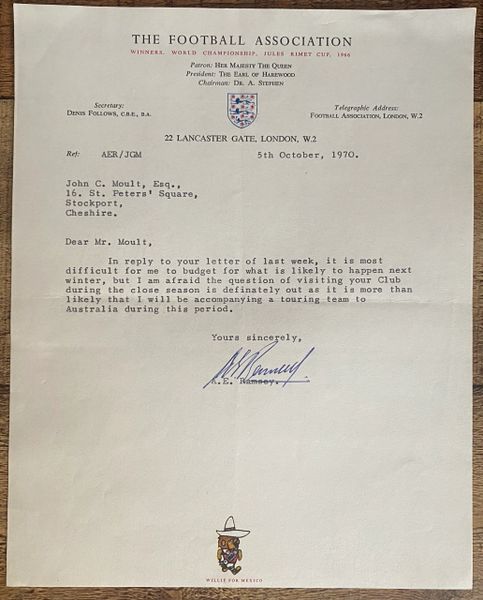 1970 ORIGINAL FA LETTER HAND SIGNED BY ENGLAND MANAGER ALF RAMSEY
