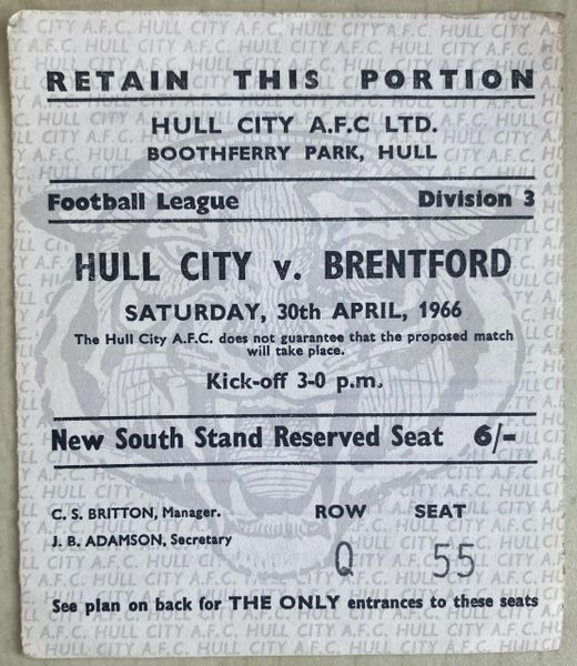 1965/66 ORIGINAL DIVISION THREE TICKET HULL CITY V BRENTFORD