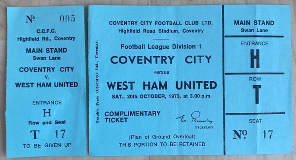 1973/74 ORIGINAL DIVISION ONE TICKET COVENTRY CITY V WEST HAM UNITED