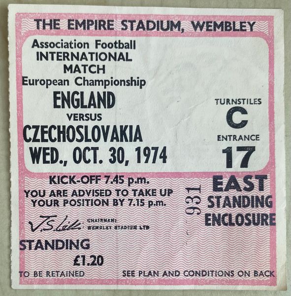 1974 EUROPEAN CHAMPIONSHIPS QUALIFYING TICKET ENGLAND V CZECHOSLOVAKIA @WEMBLEY