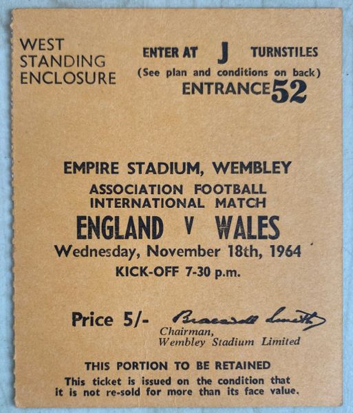 1964 BRITISH HOME INTERNATIONAL CHAMPIONSHIP TICKET ENGLAND V WALES @WEMBLEY