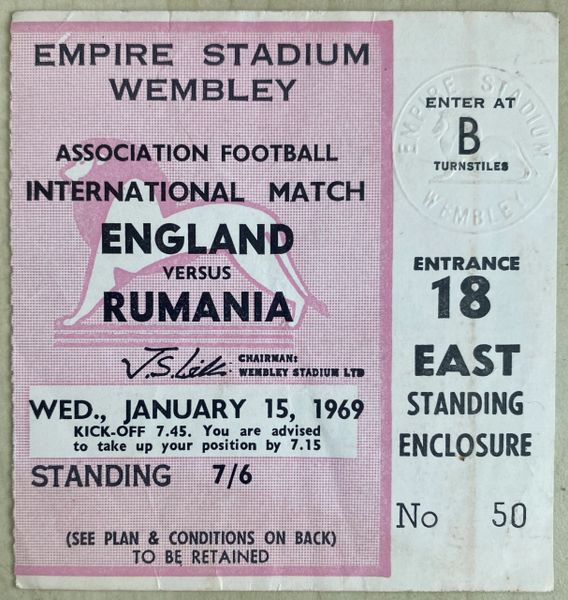 1969 ORIGINAL INTERNATIONAL MATCH TICKET ENGLAND V ROMANIA @WEMBLEY