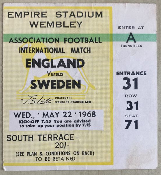 1968 ORIGINAL INTERNATIONAL MATCH TICKET ENGLAND V SWEDEN @WEMBLEY