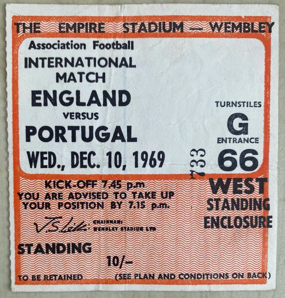 1969 INTERNATIONAL MATCH TICKET ENGLAND V PORTUGAL @WEMBLEY