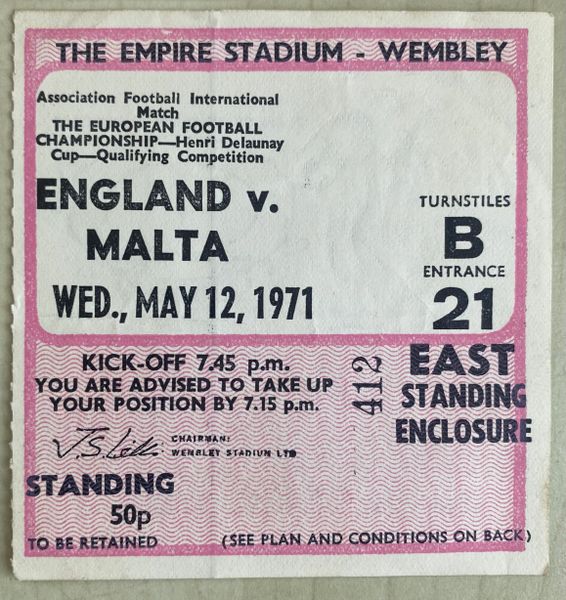 1971 ORIGINAL EUROPEAN CHAMPIONSHIPS QUALIFYING TICKET ENGLAND V MALTA @WEMBLEY