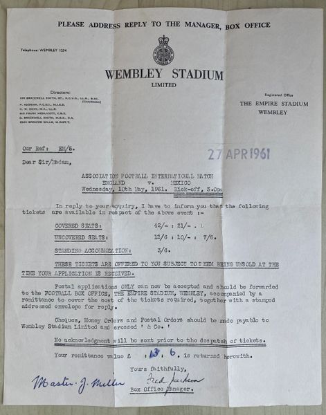 1961 ORIGINAL LETTER FROM WEMBLEY REGARDING TICKETS FOR ENGLAND V MEXICO 16TH MAY 1961