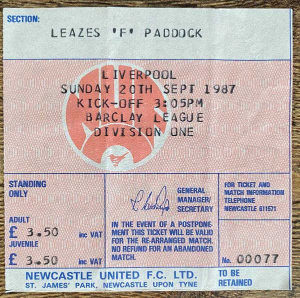 1987/88 ORIGINAL DIVISION ONE TICKET NEWCASTLE UNITED V LIVERPOOL (VISITORS END)