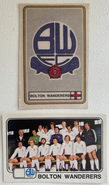 2X 1979 ORIGINAL UNUSED PANINI FOOTBALL 79 STICKERS BOLTON WANDERERS BADGE AND TEAM GROUP