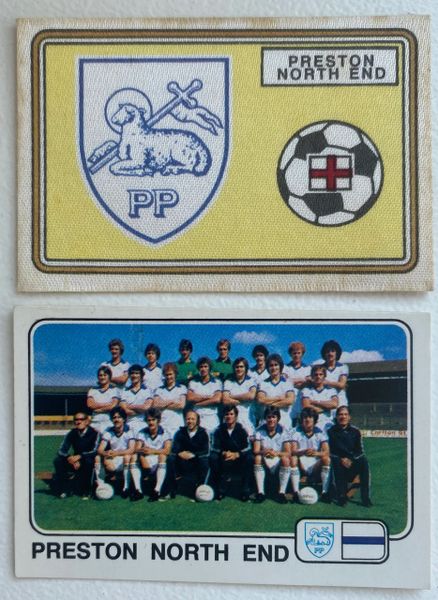 2X 1979 ORIGINAL UNUSED PANINI FOOTBALL 79 STICKERS PRESTON NORTH END BADGE AND TEAM GROUP